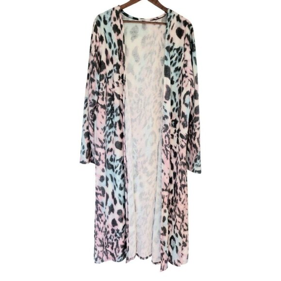 GeeGee Womens MultiColor Fun Animal Print Longline Open Front Side Slit Cardigan - Picture 1 of 11